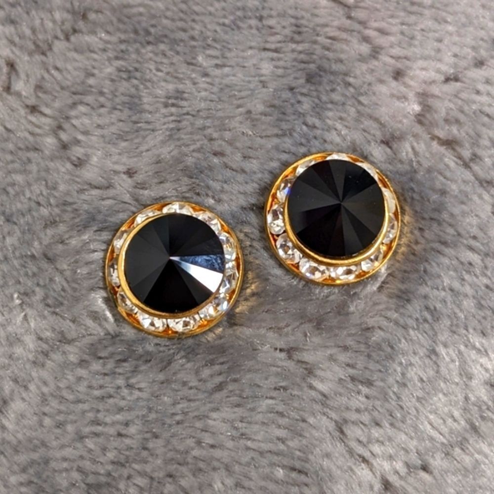 Vintage Eisenberg Ice Black & Clear Halo Crystal Button Pierced Earrings